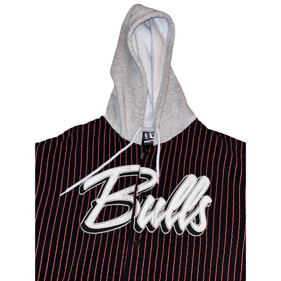 VTG NBA Bulls Hooded Shirt Jacket Mens L Black Red Striped Spellout Arm Patch - Picture 2 of 7